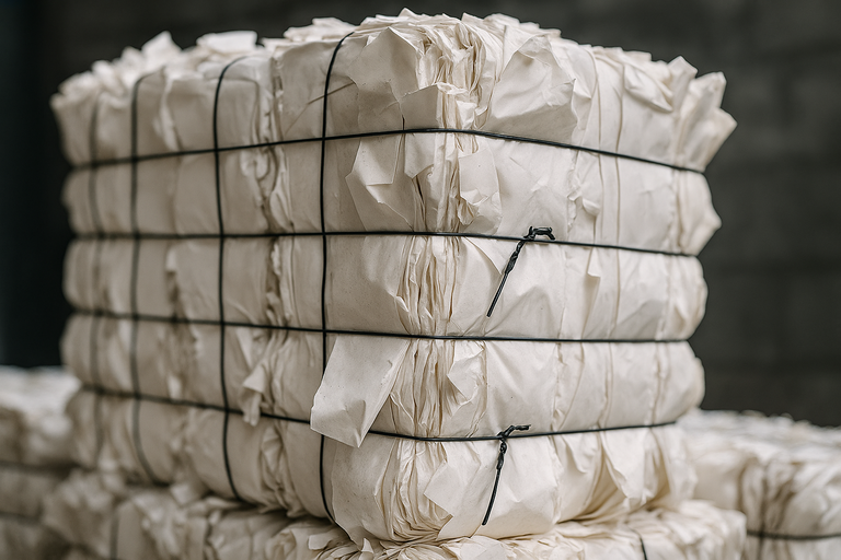 Bundels papier met kunststof Ecowire-draad als alternatief voor staaldraad bij recyclinginstallaties